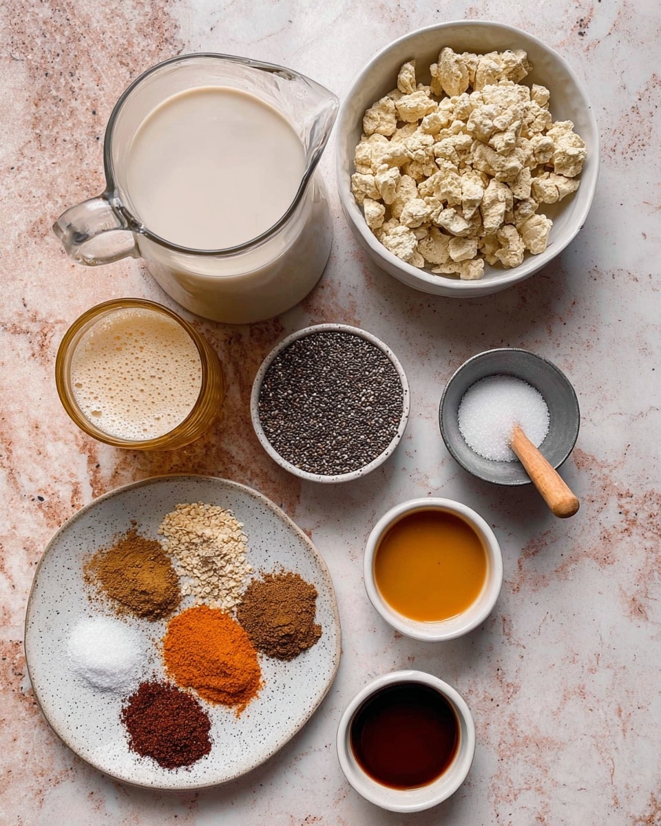 The image shows several containers with ingredients on a white marbled surface. There is a large glass jug filled with a creamy white liquid, a white bowl with small black chia seeds, and a small metal cup filled with fine white salt. A small clear glass with a golden frothy liquid and a wooden handle is also present. There is a white bowl filled with beige crumbled chunks. On the white marbled surface, there is a larger white plate that holds six different powdered spices in small piles, ranging from light beige, orange, dark brown, to reddish hues. Additionally, there are two small white bowls, one with dark brown liquid and one with a golden orange liquid. The ingredients are arranged neatly but spread out across the surface photo taken with an iphone --ar 4:5 --v 7