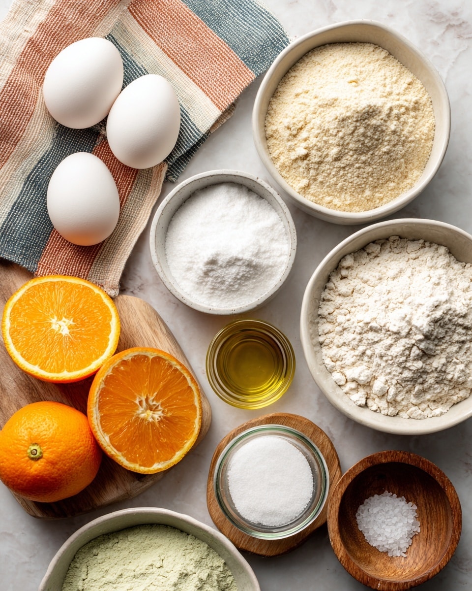 The image shows various baking ingredients arranged on a white marbled surface. There are three white eggs near the top left on a multicolored striped cloth. To the right, a white bowl holds almond flour with a light beige, fine texture. Below the eggs, another white bowl contains powdered sugar, looking soft and white. Near the center is a small glass jar filled with white baking powder. Next to it on a small wooden board are two orange halves and a whole orange, showing bright orange and juicy textures. To the right is a clear glass cup filled with golden avocado oil. Below the board, there is a white bowl filled with all-purpose flour showing a soft, white powder. On the right side is a small wooden bowl containing some light-colored salt. At the bottom center, a white bowl has white granulated sugar with a crystal-like texture. Everything is neatly arranged and well-lit. Photo taken with an iphone --ar 4:5 --v 7