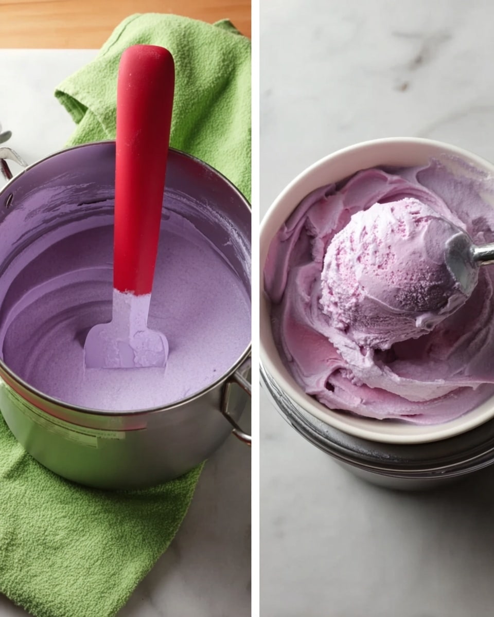 The image shows two pictures side by side. On the left, there is a metal pot with a purple mixture inside, which looks smooth and creamy. A red spatula is standing straight in the pot, resting on the mixture. The pot is placed on a white marbled surface with a green cloth nearby. On the right, a white bowl holds the same purple mixture, now thick and whipped, being scooped out with the same red spatula. The texture looks soft and fluffy like ice cream. The bowl is inside a metal ice cream maker that sits on the white marbled surface. photo taken with an iphone --ar 4:5 --v 7