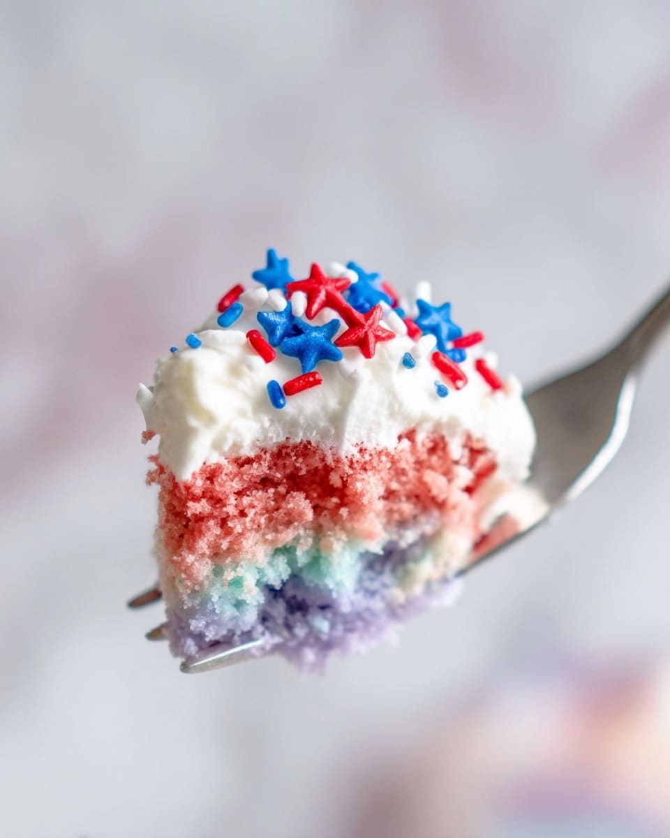 A close-up view of a fork holding a small piece of layered cake. The cake has three visible layers: the bottom layer is pink, the middle layer is light purple, and the top layer is light blue. On top of the cake is a thick white frosting layer with red, blue, and white sprinkles shaped as small stars and thin rods scattered on it. The background is blurred with a soft white marbled texture. photo taken with an iphone --ar 4:5 --v 7