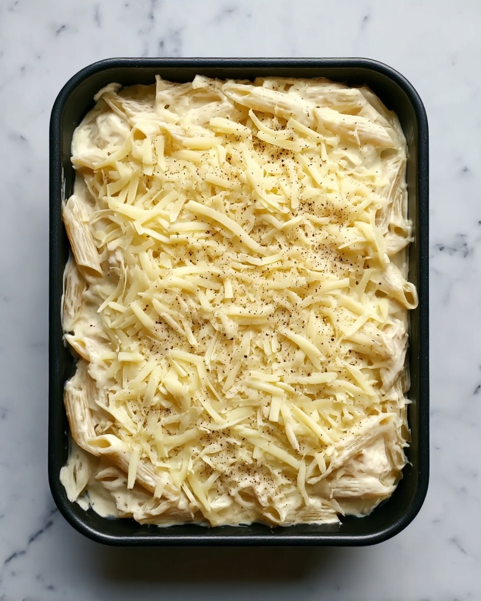 A black rectangular baking dish filled with a layered pasta dish, showing a base of creamy white sauce mixed with penne pasta, topped with a generous layer of shredded light yellow cheese scattered evenly across the surface, sprinkled lightly with black pepper seasoning. The dish rests on a white marbled surface. Photo taken with an iphone --ar 4:5 --v 7