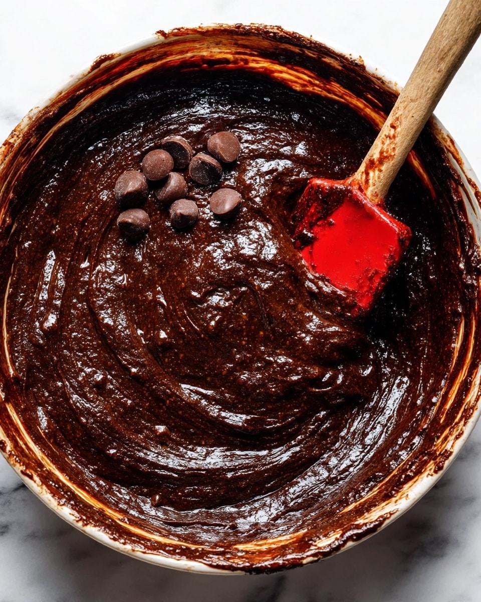 A close-up view of rich, dark chocolate batter in a round bowl, showing thick, smooth texture with some swirls and shiny spots. The batter is deep brown almost black, with a few whole chocolate chips resting on top. A red spatula with a wooden handle is partially submerged on the right side, coated in the batter. The bowl sits on a white marbled surface, and the edges of the bowl have some chocolate smears around them. Photo taken with an iphone --ar 4:5 --v 7