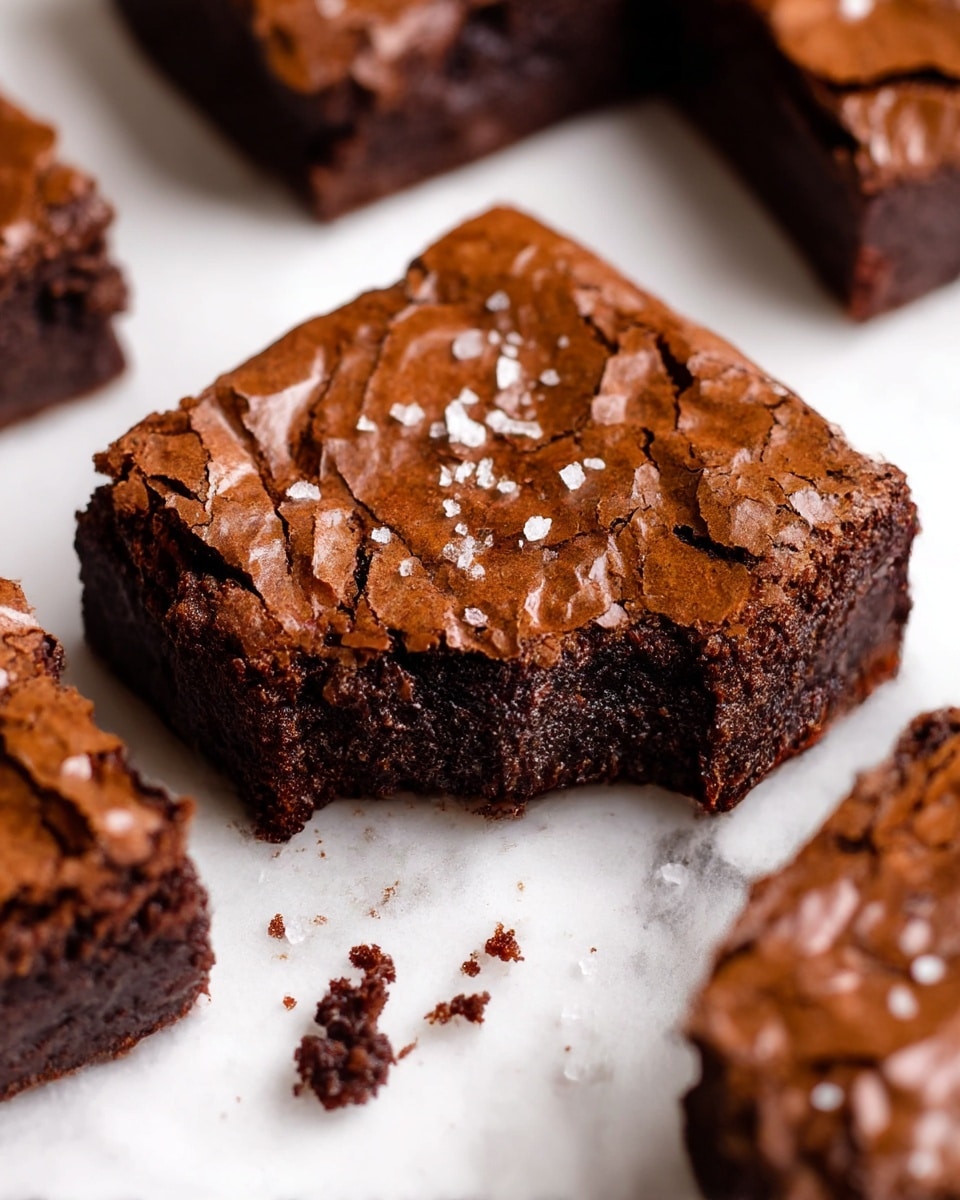 A close-up view of a thick, rich chocolate brownie with a cracked, shiny brown top sprinkled with a few grains of coarse sea salt, showing one corner with a bite taken out. The inside looks dense and moist, with a deep dark brown color, and a few crumbs scattered on the white marbled surface beneath it. There are parts of other brownies blurred in the background, also resting on the same white marbled texture photo taken with an iphone --ar 4:5 --v 7