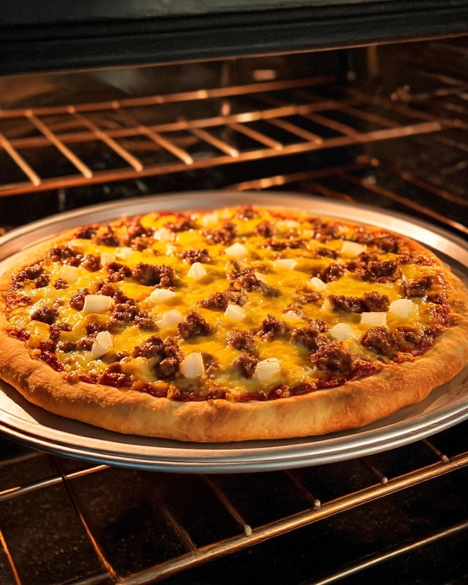 A pizza inside an oven on a round silver tray shows three main layers. The base is a thick, golden brown crust forming the outer edge. The middle layer is a spread of red tomato sauce just under the toppings. The top layer has scattered browned cooked ground beef pieces and small white onion cubes, mostly covered by melted yellow cheese with some browned spots. The oven racks in the background are dark, and the whole scene has warm lighting. photo taken with an iphone --ar 4:5 --v 7