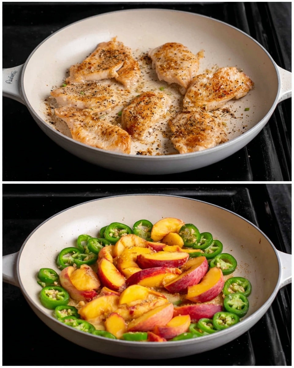 Two images side by side show a white frying pan on a stove with a white marbled surface underneath. The left image has six browned chicken pieces spread out, each piece golden with dark pepper spots and a rough texture. The right image shows the same pan with sliced green jalapeño rings around the outer edge and bright orange and red peach slices piled loosely in the center, both fresh and juicy with smooth skin and soft flesh visible. photo taken with an iphone --ar 4:5 --v 7