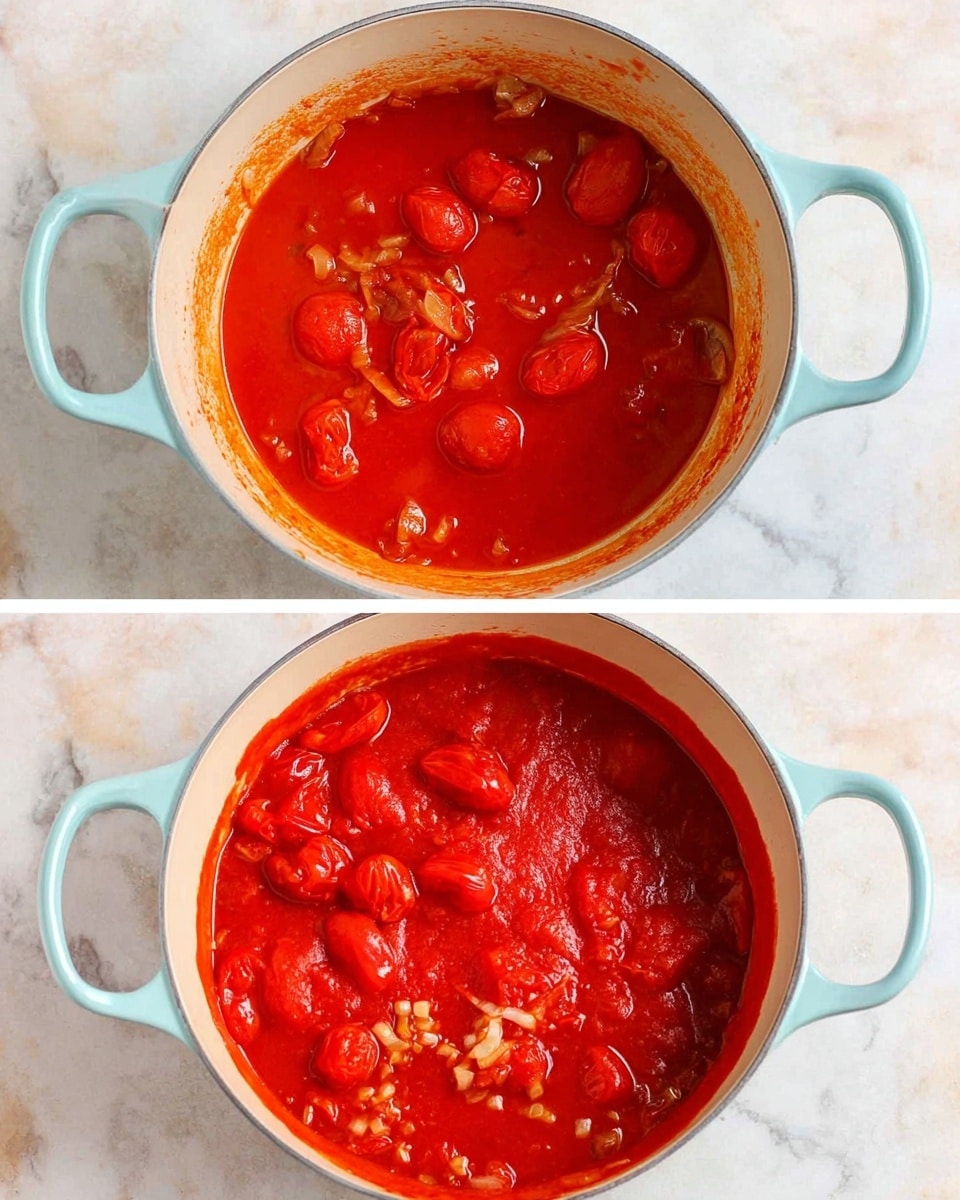 The image shows two views of a light blue pot filled with tomato sauce on a white marbled surface. In the first view, the pot has thick, bright red tomato sauce with visible whole peeled tomatoes on the top, and some browned onion pieces around the edges visible beneath the sauce. In the second view, the sauce has been stirred and thinned with a more watery, glossy red texture; whole tomatoes float on the surface along with small diced onions in light yellow color. The pot has light blue handles and the background and surface are white with a marble pattern, photo taken with an iphone --ar 4:5 --v 7