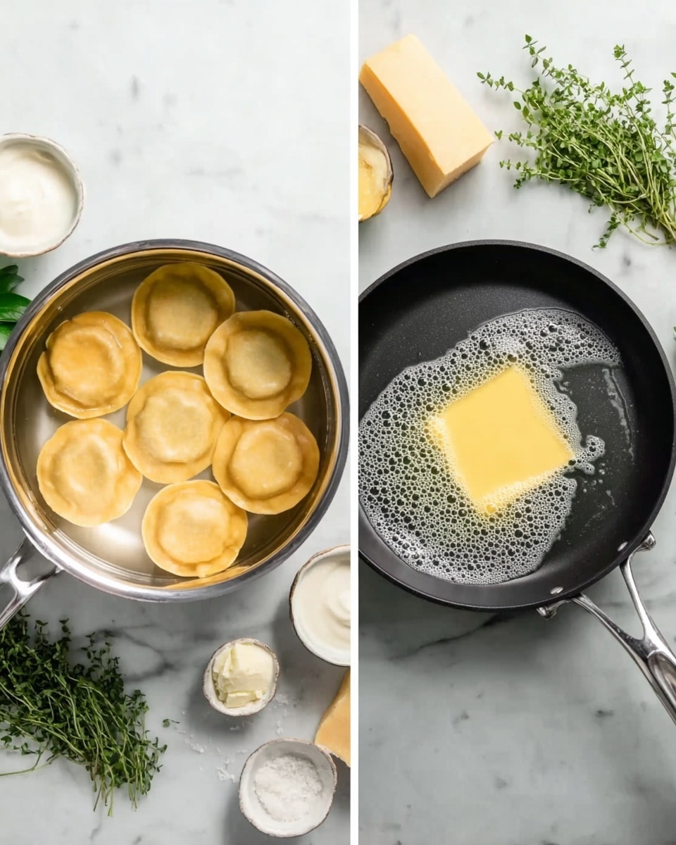 The image is split into two parts, both showing a white marbled surface. On the left side, there is a silver pot with eight round, light brown discs floating in clear water inside. Around the pot are small white bowls with cream, a block and a wedge of yellow cheese, fresh green herbs, and kitchen tools. On the right side, there is a black pan on the white marbled surface, with a square of melting yellow butter sliding and foaming in the pan. A small bunch of green herbs and kitchen tools are visible above. Photo taken with an iphone --ar 4:5 --v 7