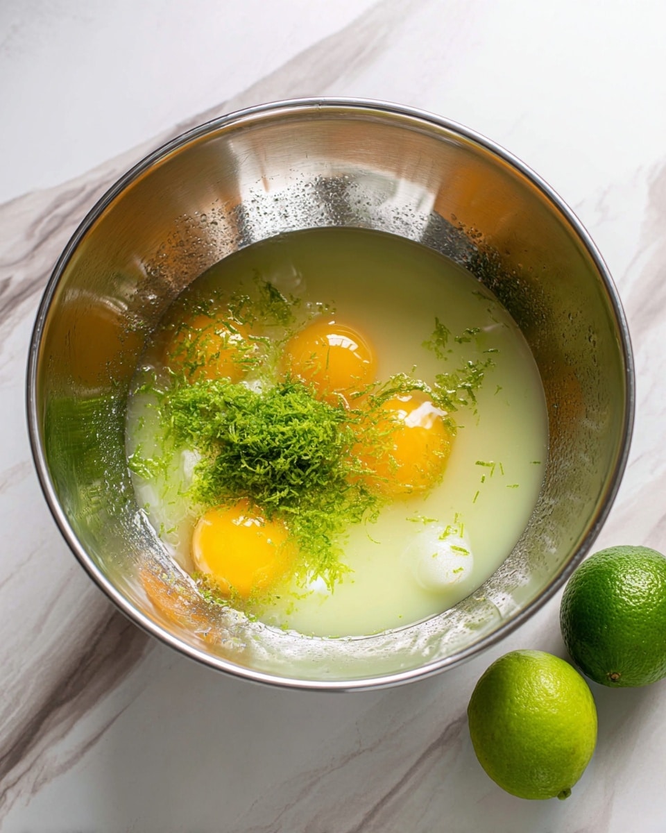 A large silver mixing bowl sits on a white marbled surface. Inside the bowl, there are three bright yellow egg yolks, each surrounded by clear egg whites. Around the eggs, there is a layer of pale green lime juice that covers the bottom of the bowl. On top of the eggs and juice, there is a sprinkling of finely grated bright green lime zest. To the right of the bowl, two green limes rest on the white marbled surface. Photo taken with an iphone --ar 4:5 --v 7