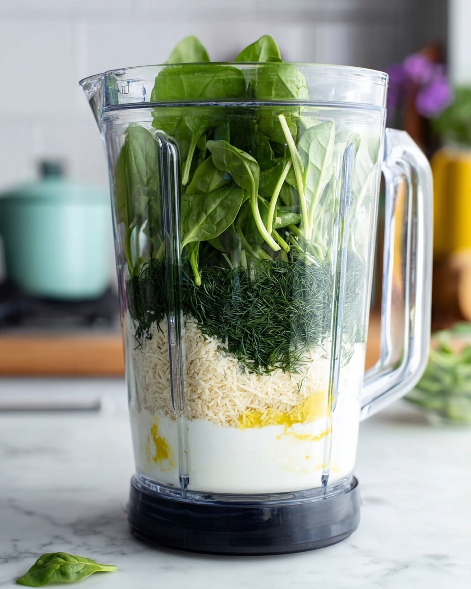 A clear glass blender jar is filled with three visible layers of ingredients set against a white marbled surface. The bottom layer is a white creamy liquid mixed with a small amount of golden yellow oil, topped with a fine layer of grated pale yellow cheese. Above this is a dense layer of dark green herb sprigs, appearing feathery and fresh. The top layer consists of large, fresh spinach leaves with bright green color and visible veins, some still attached to pale green stems. The blender is mounted on a black base, and in the background, there are blurred kitchen items adding soft color. photo taken with an iphone --ar 4:5 --v 7