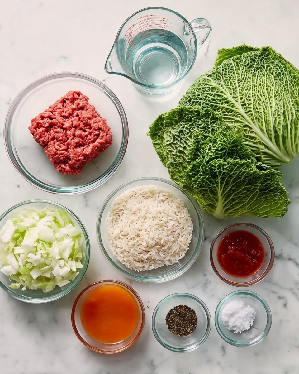 The image shows nine clear glass bowls and a glass measuring cup arranged on a white marbled surface. One bowl holds a square block of raw red ground meat with visible texture, placed on the bottom left. Above it is a glass measuring cup filled with clear water. To the right, a large bowl contains folded green cabbage leaves with a rough, veined texture. Below the cabbage, a smaller bowl is filled with chopped white onion pieces. Near it is a bowl with uncooked white rice grains that have a slightly shiny surface. Next to the rice, a medium-sized bowl holds an orange sauce with a smooth texture. Below that, a smaller bowl contains a thick, darker red sauce. To the right, two tiny bowls hold black pepper and white salt crystals. The arrangement creates a neat, organized display of raw ingredients on a clean, bright surface, photo taken with an iphone --ar 4:5 --v 7