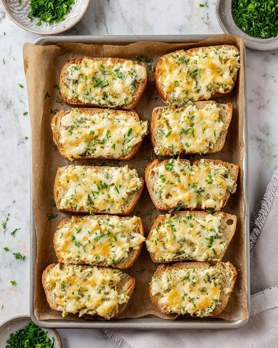 The image shows a baking tray lined with light brown parchment paper, holding eleven pieces of toasted bread topped with a melted cheese and herb spread. Each bread piece has one thick layer of melted cheese mixed with green herbs, creating a creamy texture with small bits of greens visible. The cheese is slightly browned in spots, giving a golden-yellow and white color mix, and is garnished with fresh chopped green herbs scattered on top and around the bread. The tray sits on a white marbled surface with some fresh herbs in small bowls nearby. Photo taken with an iphone --ar 4:5 --v 7