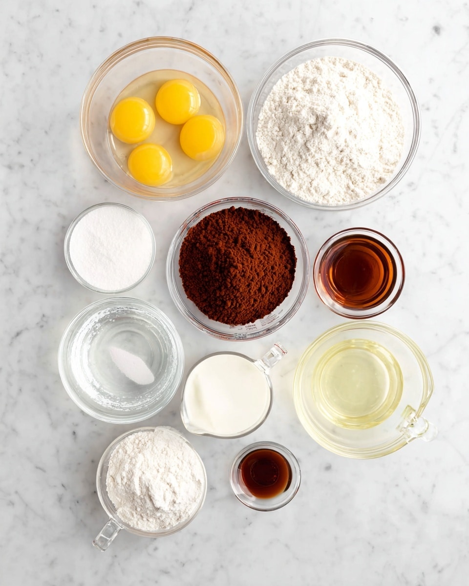 A top view of several clear glass bowls and measuring cups arranged on a white marbled surface, each filled with different baking ingredients: one bowl holds two yellow eggs opened, another has white flour with a soft powdery texture, a third contains dark brown cocoa powder with a slightly clumpy look, a small bowl with white baking soda, a larger bowl with fine white sugar, a glass cup with clear water, another glass bowl with light yellow oil, a glass measuring cup with white milk, and a small bowl containing dark amber vanilla extract. photo taken with an iphone --ar 4:5 --v 7