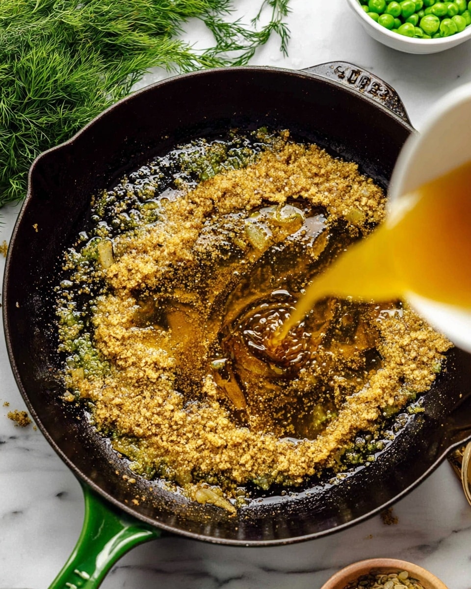 A black cooking pan with a green handle on a white marbled surface holds a mixture of browned small bits and golden yellow melted butter with some liquid being poured in from the left side, creating a glossy texture over the uneven browned bits scattered across the pan's bottom, and some small pieces of white onion visible near the edges. Fresh green dill is partially visible in the upper left corner of the image. photo taken with an iphone --ar 4:5 --v 7