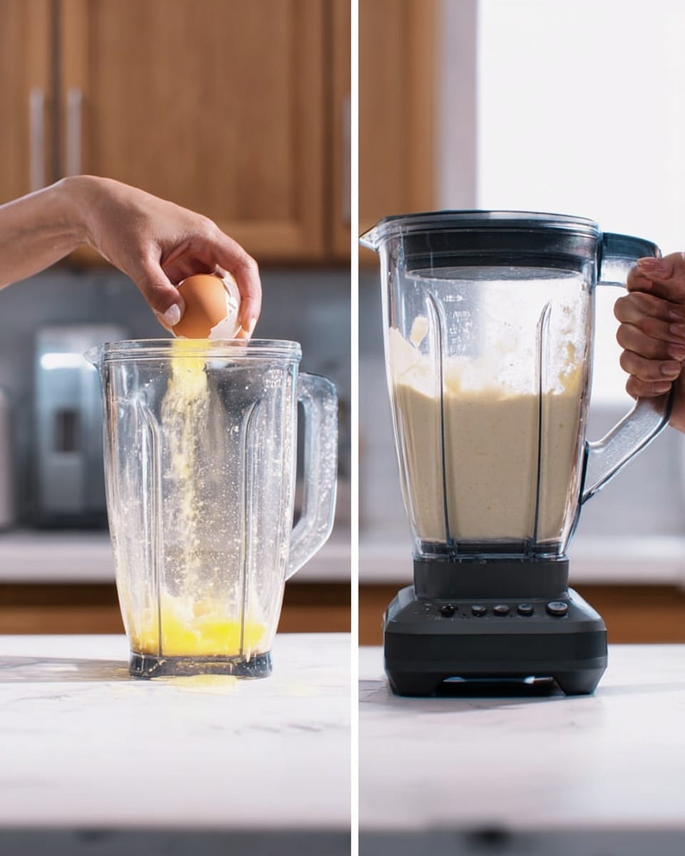 The image shows two scenes side by side on a white marbled surface. On the left, a woman's hands are cracking a brown egg, letting the bright yellow yolk and clear egg white fall into a clear blender container with measurement marks and a black handle. On the right, the same blender is sitting on a black base, partially filled with a thick, pale creamy mixture being blended. A woman's hand grips the black handle of the blender. The background is softly blurred kitchen cabinets. photo taken with an iphone --ar 4:5 --v 7