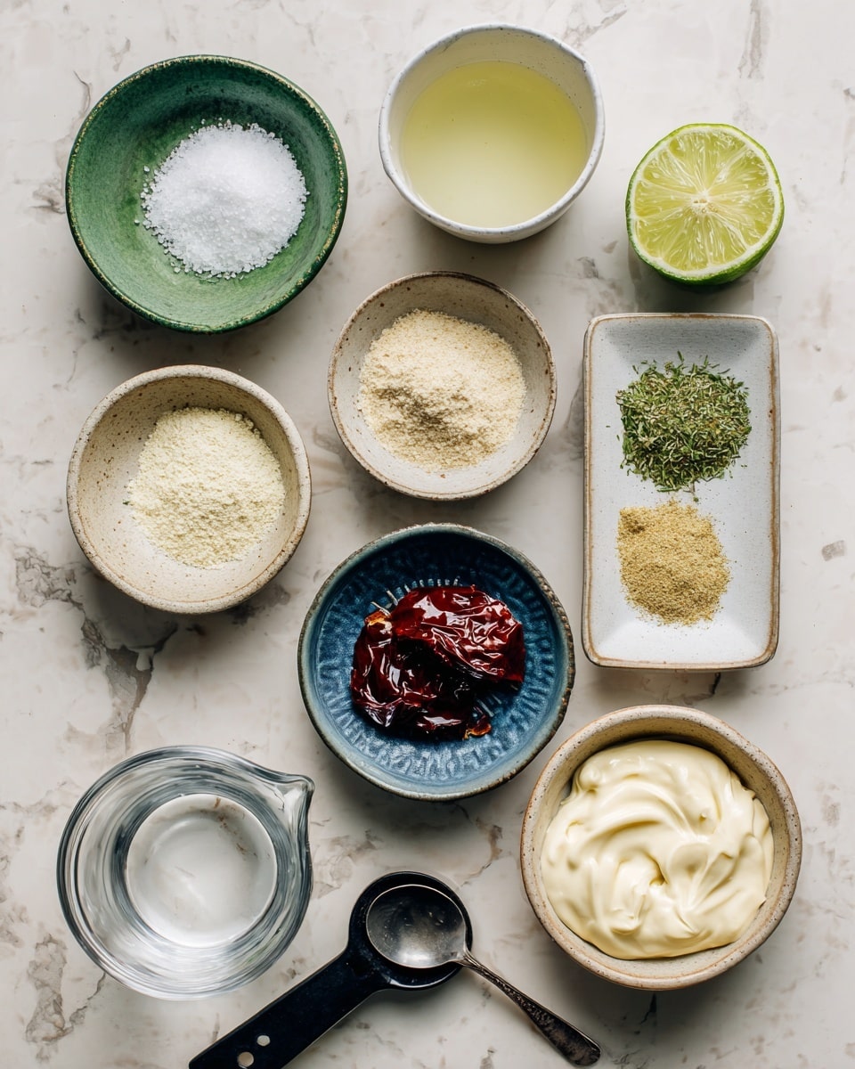 The image shows small bowls and cups with ingredients arranged on a white marbled tile surface. From top left to right, there is a small green bowl with white salt, a halved lime and a whole lime next to a white cup filled with pale yellow lime juice. Below the salt is a small beige speckled bowl with pale onion powder, a small brown bowl with light yellow garlic powder, and a small white rectangular dish containing green dill and parsley flakes. Next to these is a clear glass bowl with water. Below, a black measuring cup holds smooth white sour cream, a blue bowl contains dark red chipotle peppers, and a speckled beige bowl at the bottom holds creamy pale yellow mayonnaise with a spoon inside. The photo taken with an iphone --ar 4:5 --v 7