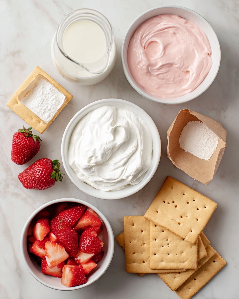 The image shows ingredients for a dessert arranged on a white marbled surface. There is one white bowl filled with pure white whipped topping with a smooth swirled texture. Next to it is a white bowl containing soft, pastel pink strawberry frosting with gentle swirls. A small glass jug holds white milk and sits nearby. There is a small brown paper bag folded open, holding white cheesecake pudding mix powder with a powdery texture. A white bowl full of bright red strawberries cut in halves is also present. On the right, several rectangular light golden brown graham crackers with small holes are stacked unevenly. Photo taken with an iphone --ar 4:5 --v 7