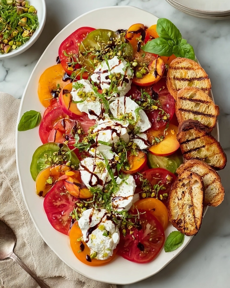 A large white plate holds a colorful salad arranged in about three layers: the bottom layer is made of thick tomato slices in red, green, and yellow with a smooth, juicy texture; the middle layer includes fresh peach slices in orange with a soft texture, mixed with small green herbs scattered over the tomatoes and peaches; the top layer has dollops of white soft cheese placed unevenly on the fruit and tomato slices, drizzled with dark balsamic glaze and sprinkled with crushed pistachios. On the right side of the plate, there are four pieces of toasted grilled bread, golden brown with visible grill marks and a crunchy texture, topped with a small fresh green basil leaf. The plate lies on a white marbled surface next to a beige cloth napkin, and in the top left corner, part of a small white bowl with green salad bits and a silver spoon is visible. Photo taken with an iphone --ar 4:5 --v 7