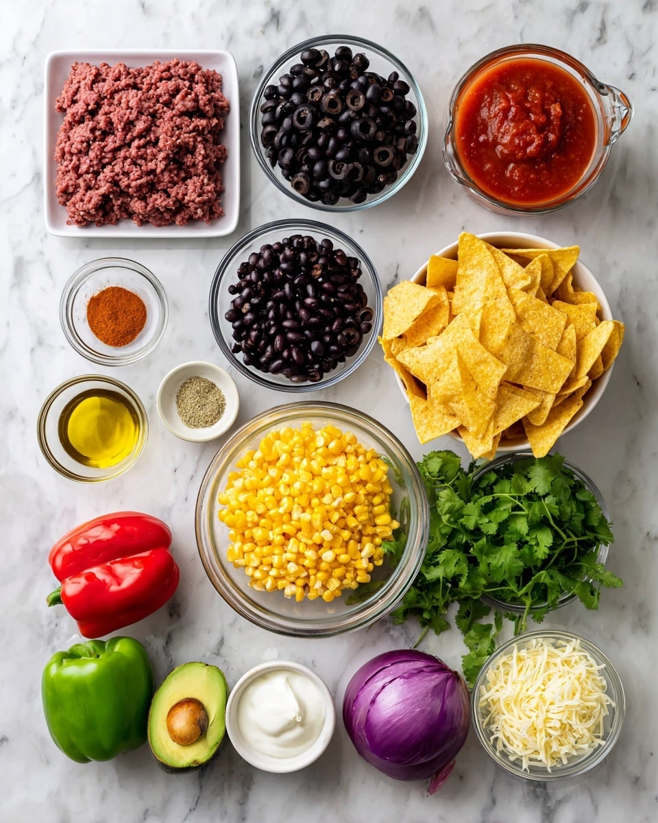 The image shows various ingredients arranged neatly on a white marbled surface, each in clear or white bowls, with black text labels. There is a rectangular pack of ground beef in the top center, bright yellow corn in a clear round bowl below it, and black beans in another clear bowl next to the corn. Above the corn bowl is a smaller clear bowl filled with black olives. To the right, there is a large clear bowl filled with triangular corn chips. Above that is a glass measuring cup containing red salsa. On the left side, a small glass bowl holds a yellowish oil and next to it is a small bowl with reddish taco seasoning. Below these, a round white plate holds green cilantro, a red bell pepper, a purple onion, a green avocado, a small white bowl of white cream, and a green chili pepper. In the center bottom, a white bowl contains shredded cheese. The overall layout is organized with clear separations between each item. Photo taken with an iphone --ar 4:5 --v 7