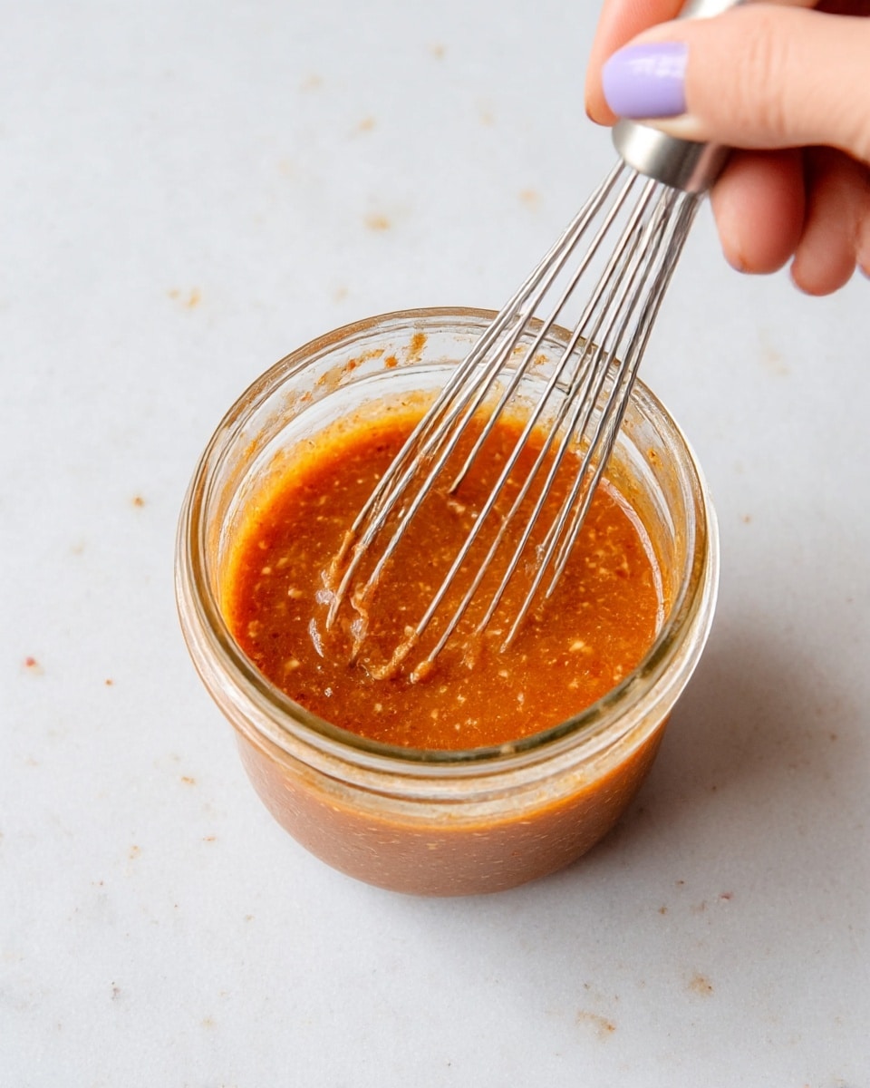 A close-up image shows a small glass jar filled about halfway with a thick reddish-orange sauce that has visible small grainy bits. Inside the jar, a metal whisk is partially dipped into the sauce, with the wires coated in the sauce. A woman's hand with light skin and nails painted in soft purple is holding the whisk, gently stirring the sauce. The jar is placed on a white marbled surface with soft lighting. The overall look is clean and simple, focusing on the texture of the sauce and the stirring action. photo taken with an iphone --ar 4:5 --v 7