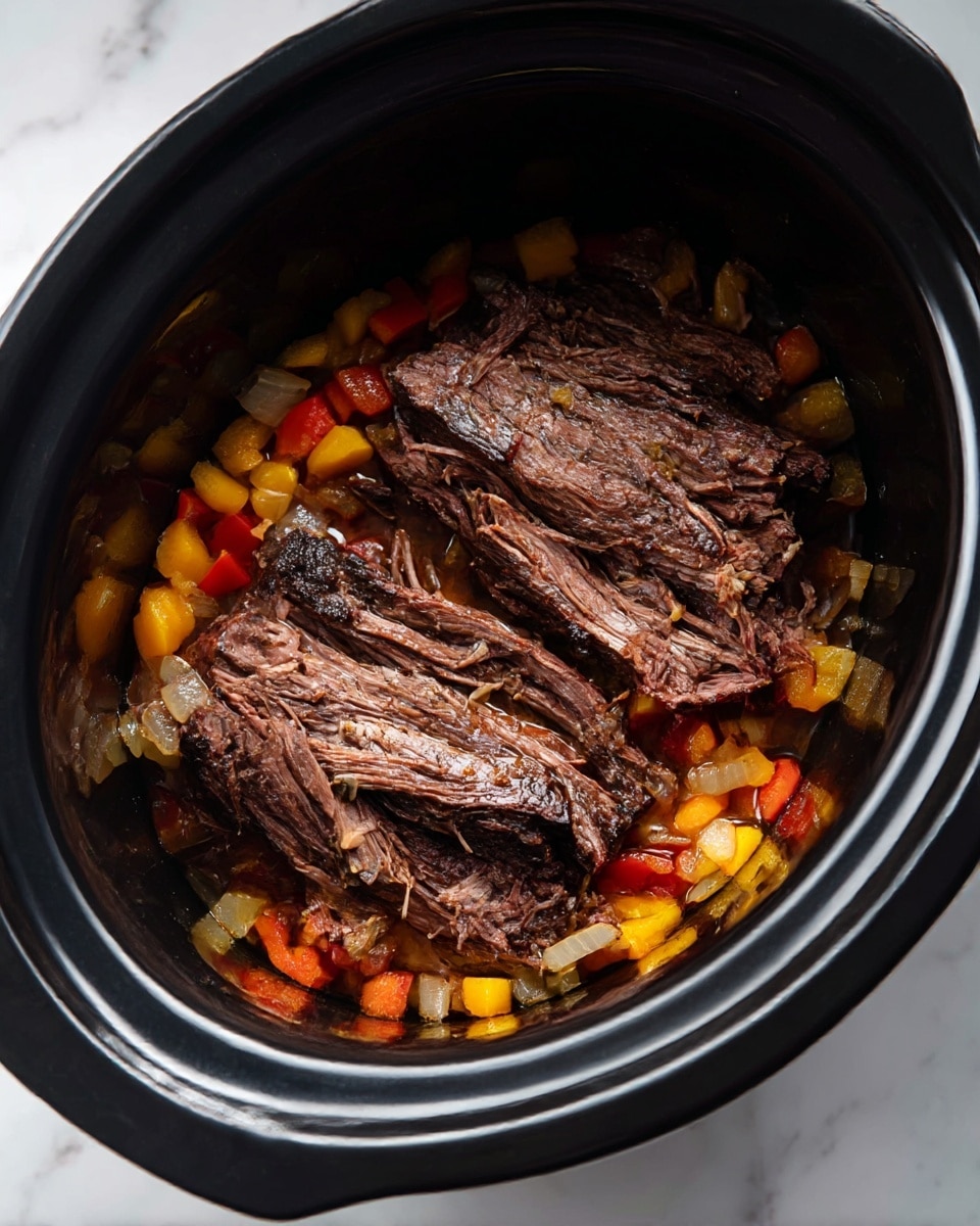 Inside a large black slow cooker, there are two big pieces of dark brown cooked meat with visible fibers and a slightly dry texture. Around the edges of the slow cooker, there is a colorful mix of diced vegetables including yellow, red, and orange bell peppers, and small pieces of translucent cooked onions, all slightly browned. The slow cooker is placed on a white marbled surface. photo taken with an iphone --ar 4:5 --v 7