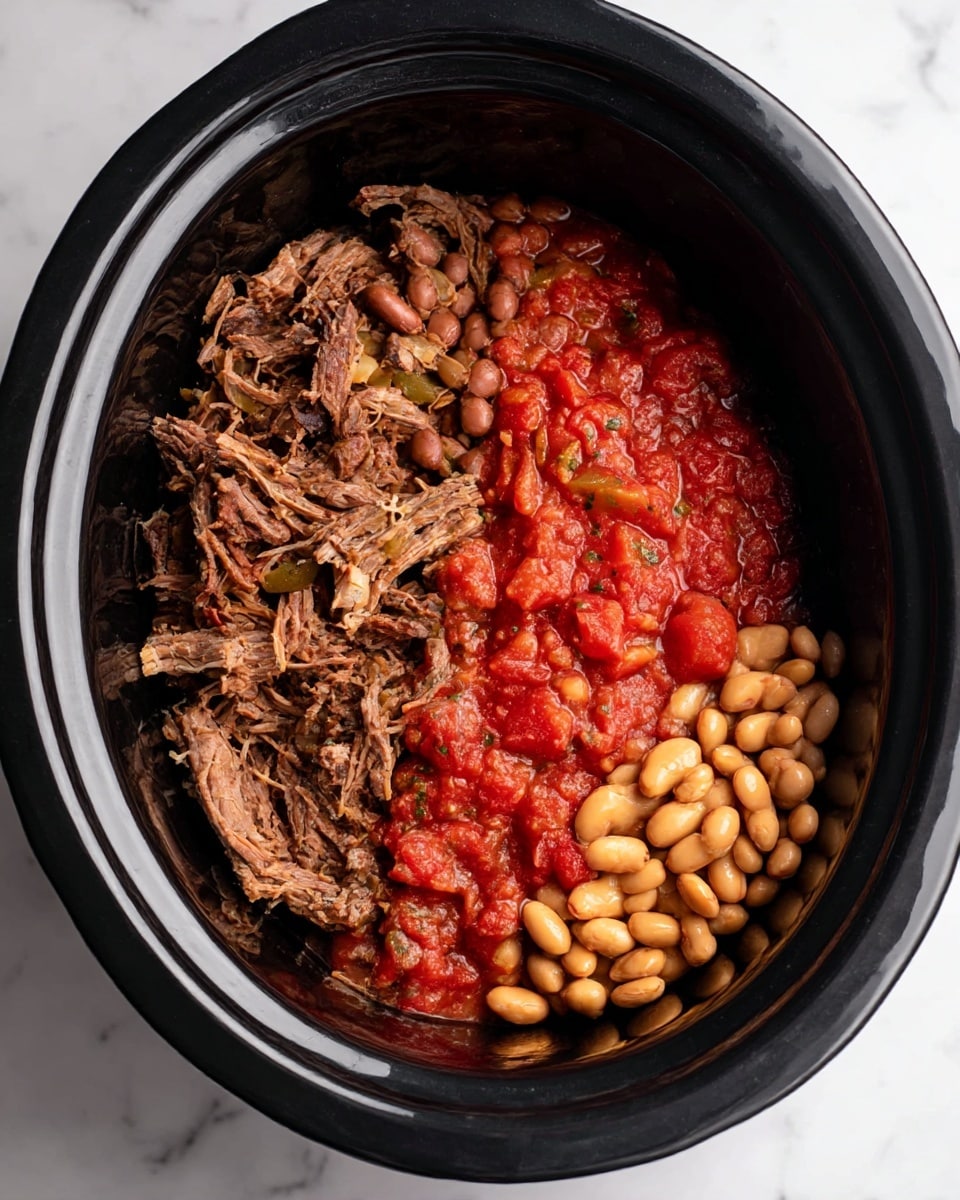 Inside a black slow cooker, there are three main sections of food. On the left side, there is a layer of shredded dark brown meat mixed with some beige beans and small pieces of green pepper. The right side shows a thick layer of bright red cooked tomatoes with visible herbs and seeds, creating a chunky texture. At the bottom right corner, another pile of whole beige beans is visible, slightly glossy and firm. The slow cooker sits on a white marbled surface. photo taken with an iphone --ar 4:5 --v 7