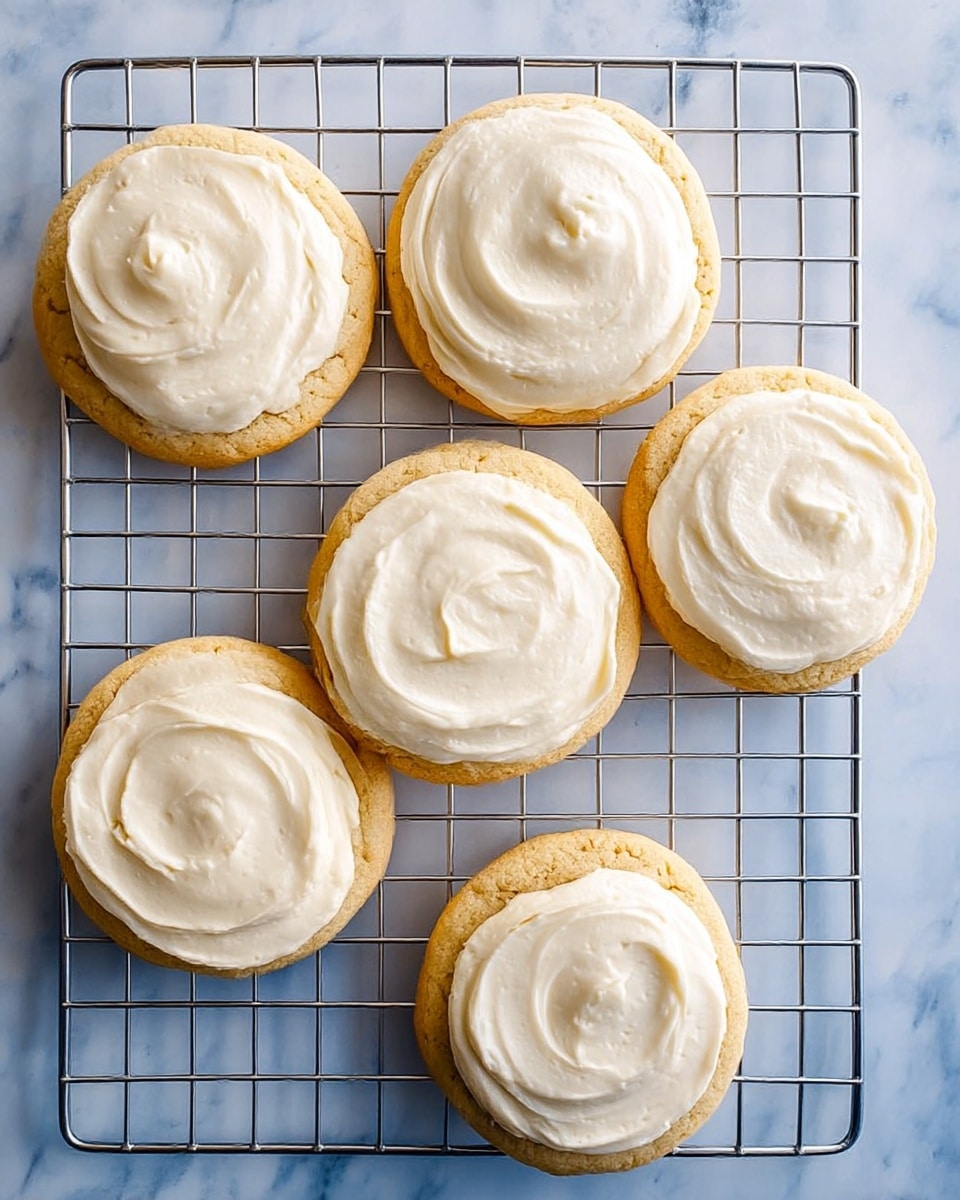 There are five round cookies arranged on a metal cooling rack. Each cookie is light golden brown with a soft, cracked texture. On top of each cookie is a thick layer of smooth, white frosting that is swirled in a circular motion. The cooling rack sits on a surface with a white marbled texture. The photo is taken from above, showing all cookies clearly. photo taken with an iphone --ar 4:5 --v 7