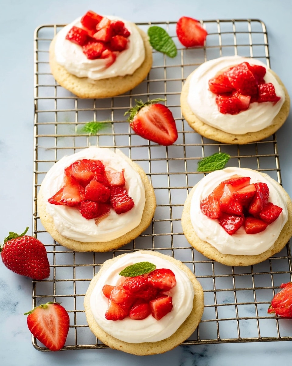 Five round sugar cookies with a light golden color form the base, each topped with a smooth, thick layer of off-white cream. On top of the cream, there are scattered pieces of bright red strawberries, chopped unevenly to show their juicy and fresh texture. The cookies are arranged on a metal cooling rack set against a white marbled texture. Around the cookies, there are a few halved strawberries and small green mint leaves placed randomly. The overall setting is bright and clean, highlighting the fresh ingredients. photo taken with an iphone --ar 4:5 --v 7