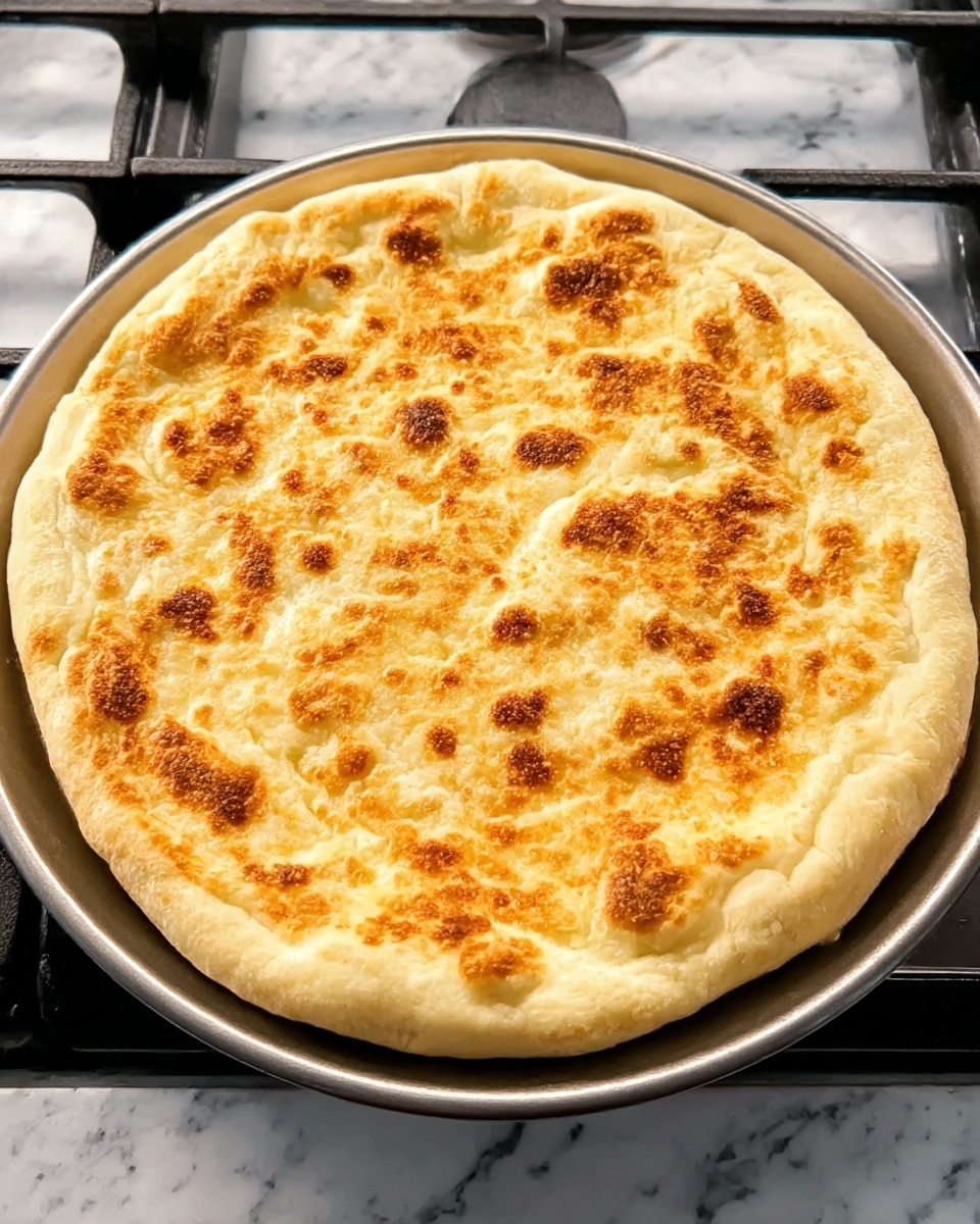 The image shows a single cooked flatbread pizza on a round metal pan. The pizza has a thick, light golden crust with slightly puffed edges that are smooth and soft-looking. The top of the pizza has a textured surface with scattered dark golden-brown spots from baking, giving it a lightly toasted appearance. The background is a white marbled texture with a stove grate visible underneath the pan. Photo taken with an iphone --ar 4:5 --v 7