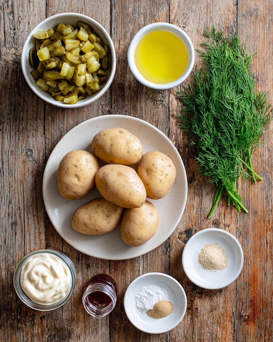 A flat lay image shows ingredients for a recipe arranged neatly on a rough wooden surface. In the center bottom, there is a white plate holding six russet potatoes with light brown skin. On the top left, a white bowl is filled with small pieces of greenish-yellow dill pickles. To the right of that, a small white bowl contains light yellow pickle juice. On the right side near the top, fresh bright green dill sprigs lie on the wood. At the bottom left, a white measuring cup holds creamy white mayonnaise. Next to it on the right, a white plate holds small piles of white salt, black pepper, and pale brown garlic powder. Between the mayonnaise and the potatoes is a small white container with red wine vinegar. The photo is taken with an iphone --ar 4:5 --v 7