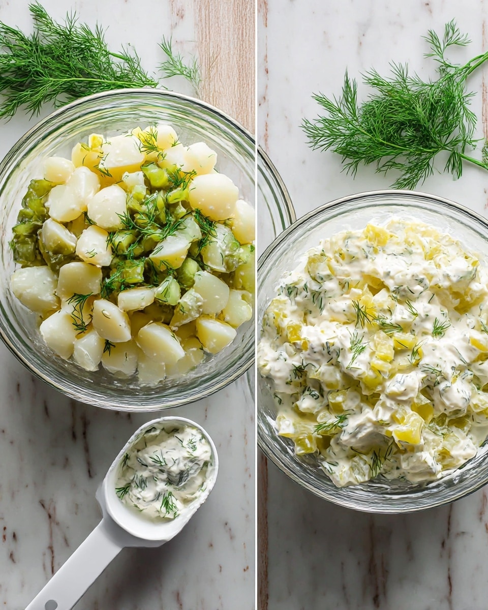 The image shows two clear glass bowls on a white marbled surface with fresh green dill sprigs at the top. The left bowl contains three layers: a bottom layer of white potato pieces, a middle layer of chopped bright green pickles, and sprinkled fresh dill on top. Below this bowl is a white measuring scoop. The right bowl has one mixed layer showing potato pieces coated in creamy white dressing with bits of chopped pickles and dill evenly spread in it. There is a white measuring scoop below the right bowl with some creamy dressing and dill on it. photo taken with an iphone --ar 4:5 --v 7