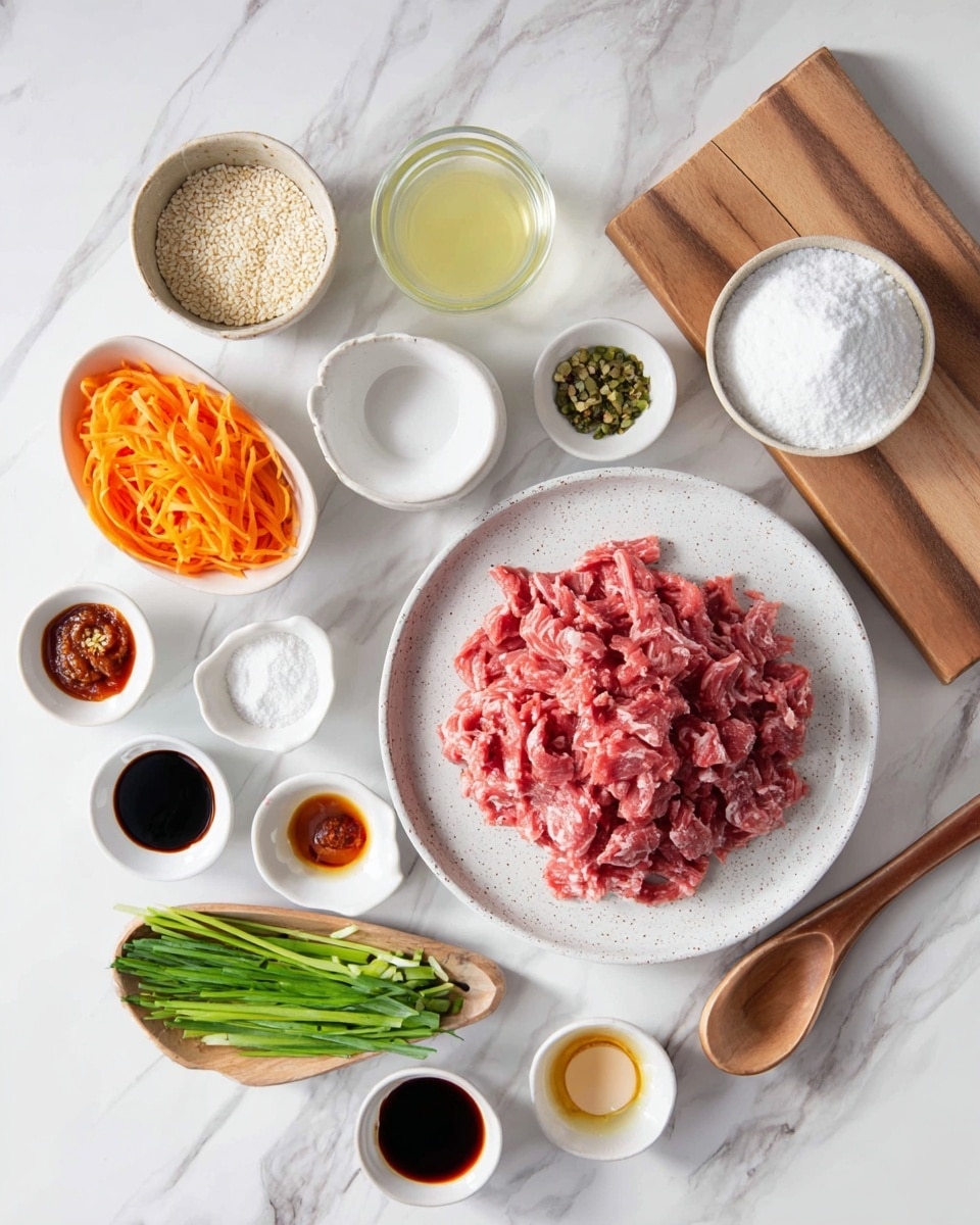 A top view of various ingredients arranged on a white marbled surface includes a large white speckled plate filled with pinkish-red thinly sliced raw meat in the center; to the right, a small wooden board holds a white bowl with white powder; next to it is a transparent glass cup filled with light yellow liquid. Above, a beige bowl contains small white round grains, while below on the surface, a white dish holds shredded orange carrots and a small wooden oval bowl with fresh green chopped scallions and light green stems. To the left, a wooden cutting board holds three small white dishes with chop oil, dark chili paste, and a light gray powder. Nearby, there are three more white dishes with dark soy sauce, brown sugar, and light-colored liquid, along with a single white egg and a large wooden spoon with a curved handle laid across the lower left corner. photo taken with an iphone --ar 4:5 --v 7