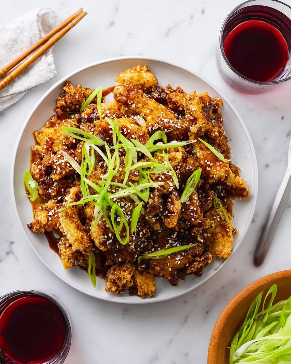 A white plate sits on a white marbled surface holding a pile of crispy fried pieces with a golden brown color, coated with a dark, shiny sauce. On top, thin, bright green strips add a fresh touch, and small white sesame seeds are sprinkled all over the fried pieces. Around the plate, there are two clear glasses filled with a dark red liquid and a pair of wooden chopsticks resting on the surface. To the side, part of a wooden bowl with fresh green onions is visible. photo taken with an iphone --ar 4:5 --v 7