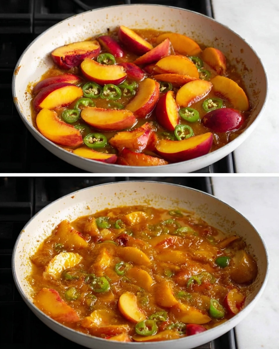 The image shows two side-by-side photos of a white pan filled with cooking ingredients on a white marbled stove surface. In both photos, the pan contains sliced peach pieces with red and yellow skin arranged around the pan edges and center, along with green slices of a pepper scattered evenly. There is a thick orange sauce spread over the fruit and pepper, with the second photo showing the ingredients more mixed and cooked, making the sauce look more blended with the fruit and peppers. The pan's surface inside is white, with some browning visible from cooking. The background is a white marbled texture. Photo taken with an iphone --ar 4:5 --v 7