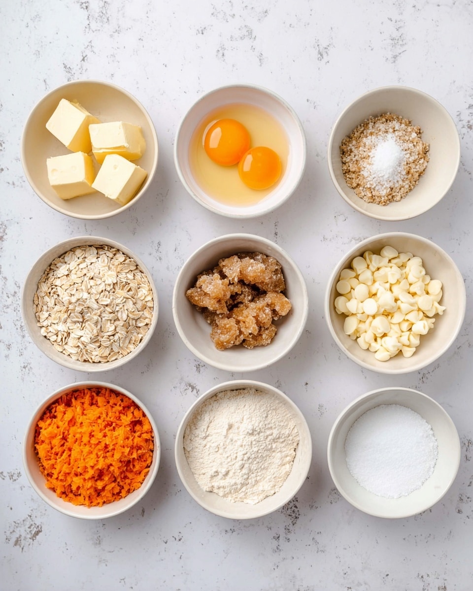 The image shows ten white bowls arranged in two rows on a white marbled surface, each containing a different baking ingredient. From left to right in the bottom row, the bowls hold finely chopped orange carrots, rolled oats with a rough texture and cream color, light brown soft brown sugar in loose chunks, and fine white flour. In the top row, starting from left, there is a bowl with three thick slices of pale yellow butter, a bowl with two raw egg yolks bright orange in color, a small bowl with white granulated sugar, a bowl with clear golden liquid vanilla extract, a bowl filled with creamy white chocolate chips, and finally two very small bowls with white salt and baking powder. Photo taken with an iphone --ar 4:5 --v 7