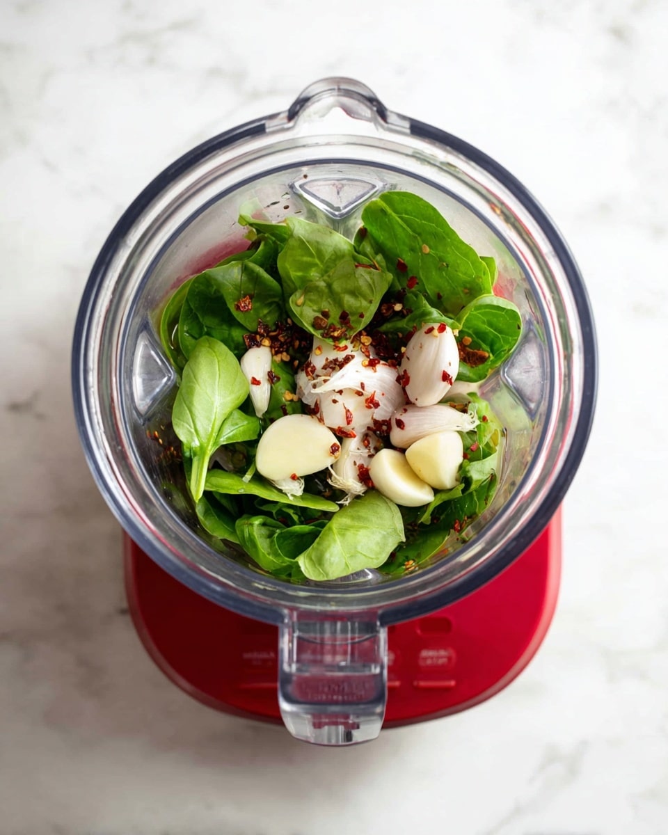 A clear blender jar sits on a red base, filled with bright green fresh basil leaves forming the bottom layer, over which several small white shallot pieces and whole garlic cloves rest, sprinkled with red chili flakes and small droplets of olive oil. The blender is placed on a white marbled surface, capturing a clean and fresh cooking moment. Photo taken with an iphone --ar 4:5 --v 7