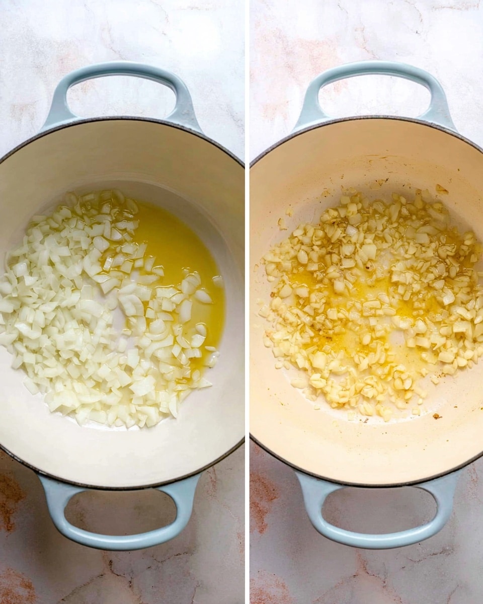 Two photos side by side show a white pot with a light blue handle on a white marbled surface. The left photo shows small white onion pieces in a layer above a pool of golden olive oil at the bottom of the pot. The right photo shows the onion pieces cooked and mixed with minced garlic, now slightly yellow and soft, evenly spread across the pot's base with a few oil patches visible. Photo taken with an iphone --ar 4:5 --v 7
