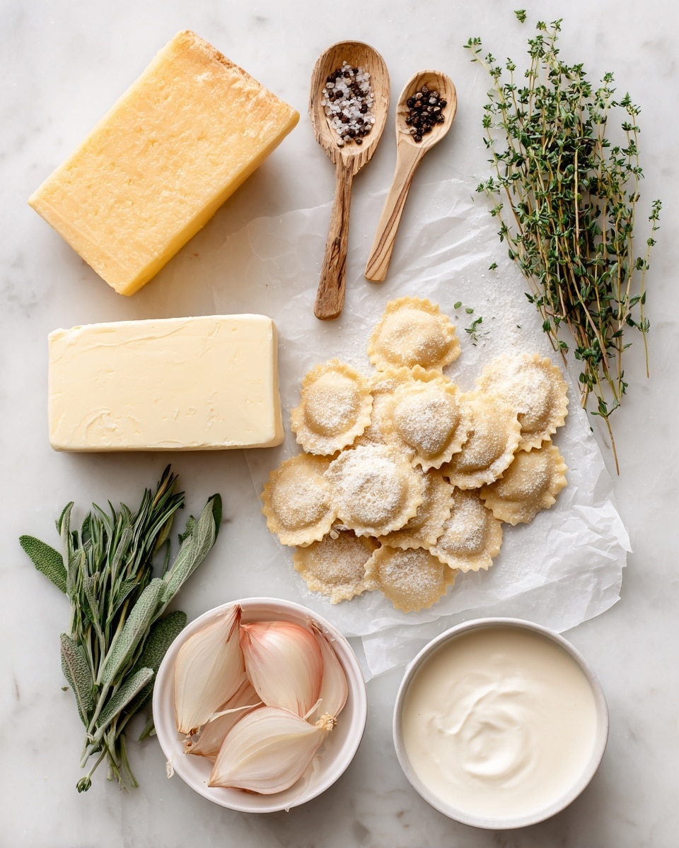 The image shows a top view of several cooking ingredients placed on a white marbled surface. On the right, there is a small pile of frozen ravioli with a pale beige color and a powdery texture. To the left of the ravioli, a large wedge of Parmesan cheese in a light golden yellow color lies flat. Above the cheese is a rectangular block of butter with a smooth, creamy yellow surface. Two wooden spoons hold coarse salt and cracked black pepper, placed diagonally to the left of the cheese. Below the cheese, thin pale pink shallot slices rest in a small white bowl. At the bottom center, fresh green tarragon and thyme sprigs with slender leaves are bundled near each other. A small white bowl filled with heavy cream, light off-white in color and smooth in texture, is positioned near the herbs. The overall scene is clean and organized, designed for a cooking preparation. photo taken with an iphone --ar 4:5 --v 7