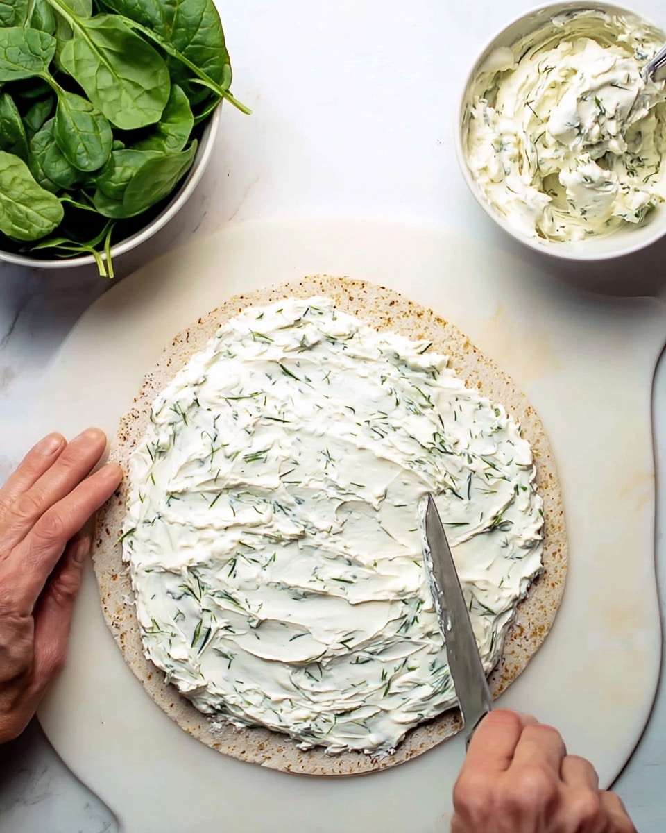 A round flatbread lies on a white marbled surface, covered evenly with a layer of creamy white spread mixed with thin strands of herbs. A woman's hand holds the flatbread steady on the left side, while a knife in the right hand spreads the herb cream over it. To the top left, there is a bowl filled with fresh green spinach leaves, and to the top right, a white bowl holds more of the creamy herb spread. The setting is bright with a clean look, focusing closely on the flatbread and the spreading process. photo taken with an iphone --ar 4:5 --v 7