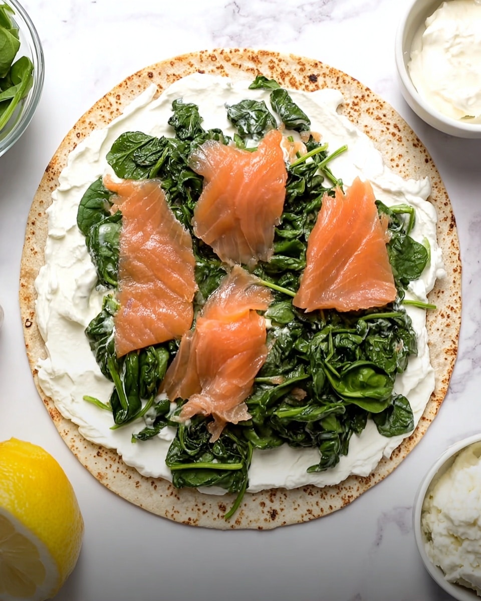 A whole round flatbread spread with a thick layer of white cream cheese covers the base. On top of the cream cheese, there is a layer of fresh dark green leafy spinach spread unevenly. Lying over the spinach are three pieces of thinly sliced pink-orange smoked salmon, positioned in a somewhat triangular shape near the center and left side. The flatbread sits on a white marbled surface. Around the main dish, there are small white bowls containing cream cheese and leafy greens, and a wedge of lemon partially visible at the bottom left. Photo taken with an iphone --ar 4:5 --v 7