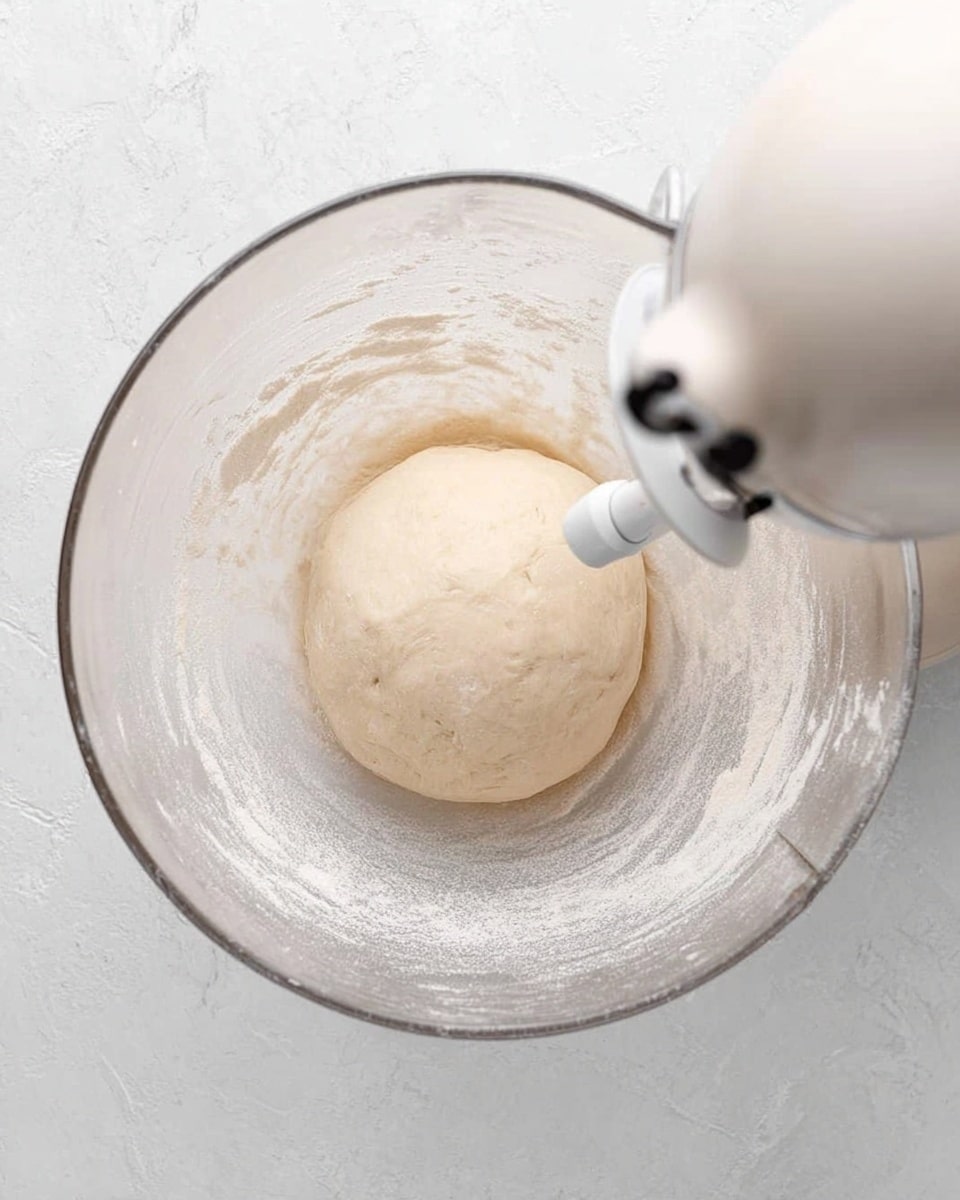 A clear round kitchen mixer bowl sits on a white marbled surface, holding a smooth, pale beige dough ball in the center. Attached to the mixer arm is a white dough hook, positioned over the dough, showing a light dusting of flour on its edge. The dough looks soft and slightly elastic with a few subtle creases. The background is clean and bright, emphasizing the bowl and dough. Photo taken with an iphone --ar 4:5 --v 7