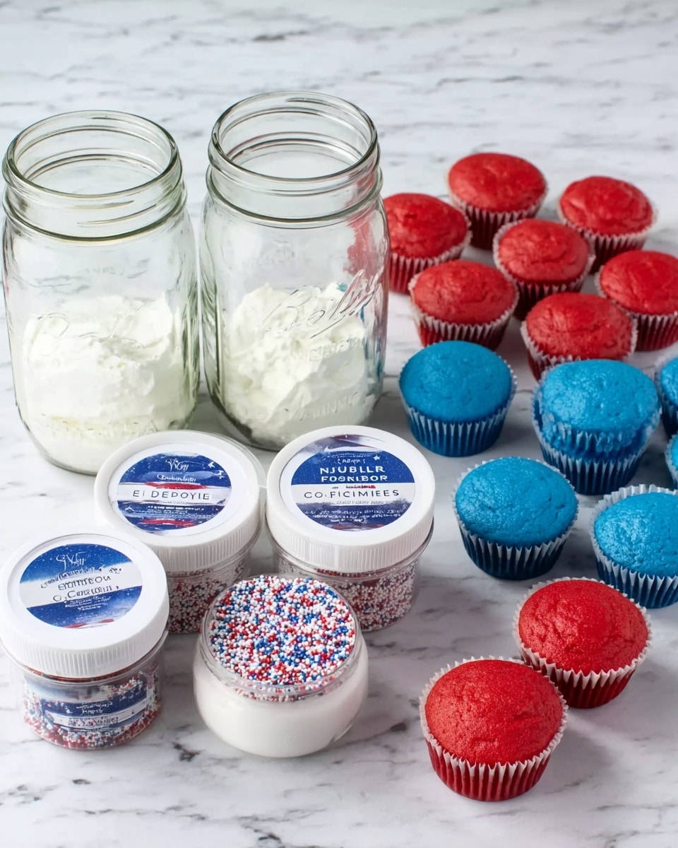 The image shows a white marbled surface with six glass jars and a container of white frosting in the center. On the right side, there are six blue cupcakes in white paper liners arranged in a loose cluster. Below them, there are five red cupcakes also in white paper liners, placed close together. In front of the jars and frosting, three small containers of red, white, and blue sprinkles labeled