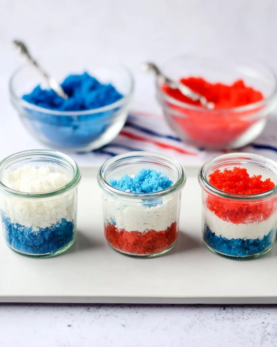The image shows four small clear glass jars placed in a row on a white tray with a white marbled surface background. Each jar contains layers of colorful crumbly textures and white creamy layers. The first jar has a bottom layer of bright blue crumbs. The second jar has two layers: a blue crumb layer at the bottom and a thick white creamy layer above it. The third jar features three layers: a white creamy bottom layer, a bright red crumb middle layer, and another white creamy layer on top. The fourth jar has four layers alternating from bottom to top: bright blue crumbs, red crumbs, white cream, and blue crumbs again. In the background, there are two clear bowls, one filled with bright blue crumbs and the other with red crumbs, each with a spoon inside. Photo taken with an iphone --ar 4:5 --v 7