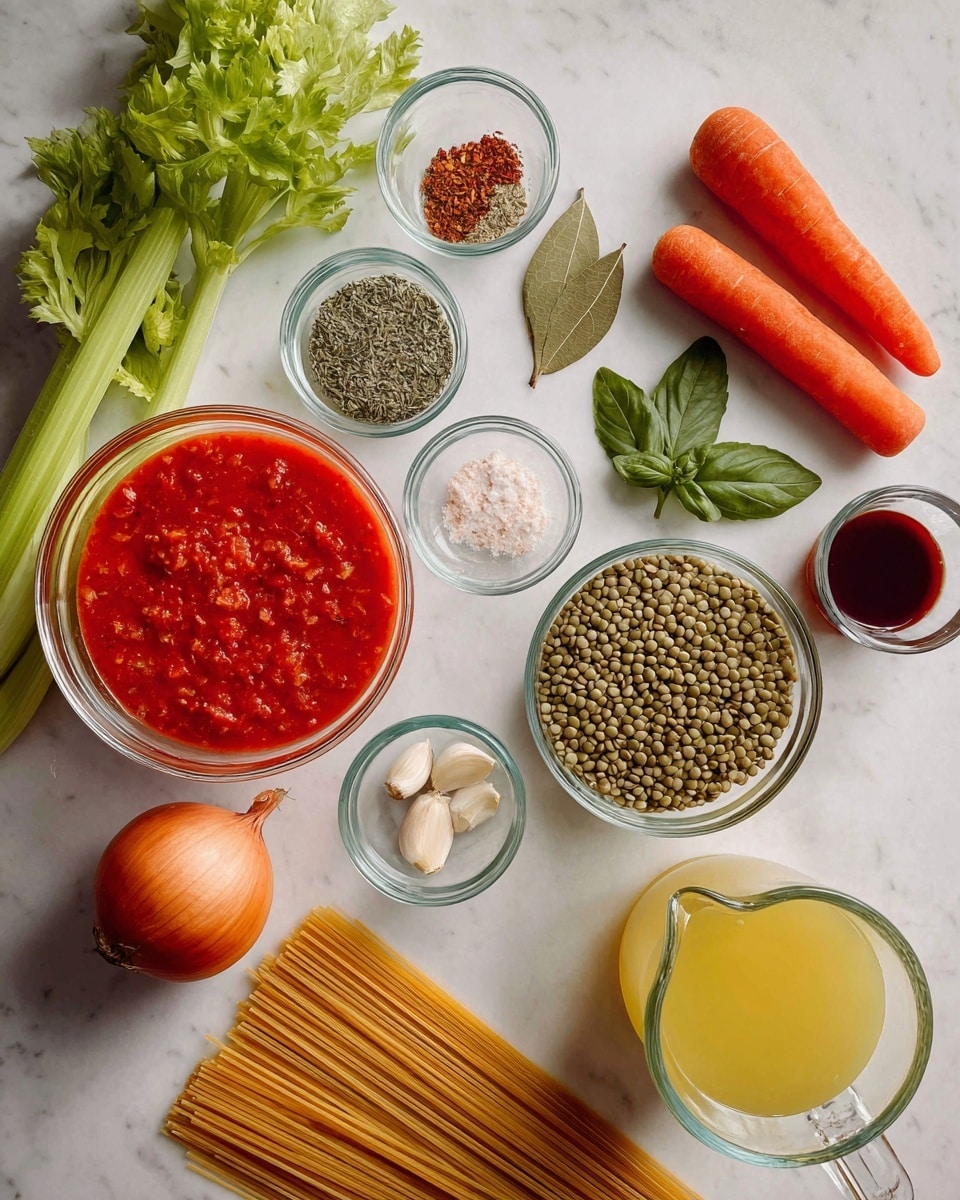 The image shows an arrangement of cooking ingredients on a white marbled surface, including a bunch of fresh green celery on top left, a few basil leaves next to it, and several small glass bowls filled with dried herbs and spices spread below. There are garlic cloves and two bay leaves near the center-left, with a bowl of green lentils just to the right of them. Next to the lentils is a larger glass bowl full of bright red crushed tomatoes, with a smaller bowl containing a dark liquid nearby. A tall glass pitcher with a yellow liquid is at bottom right, while uncooked spaghetti lies parallel on the left side. At the bottom of the image are an onion and two orange carrots placed side by side. Photo taken with an iphone --ar 4:5 --v 7