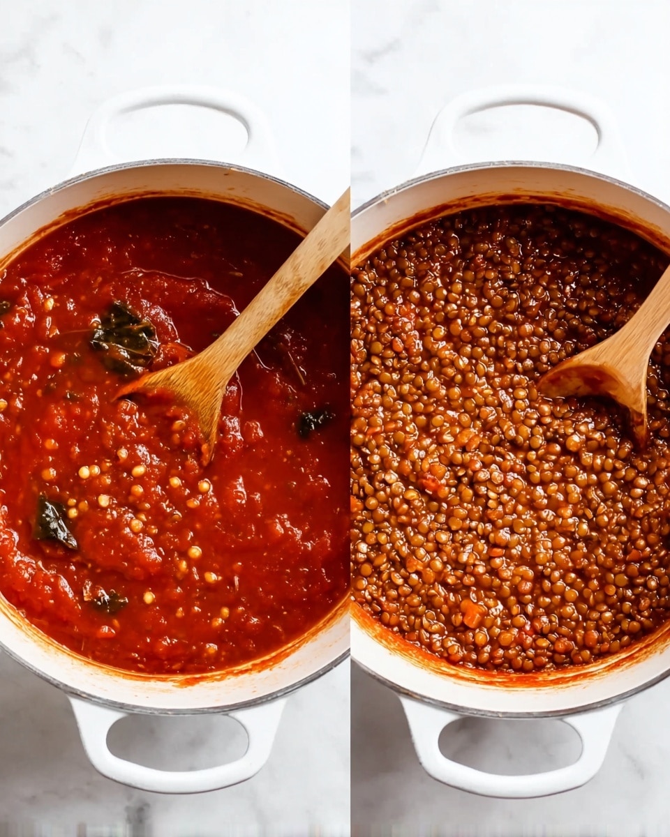 The image shows two white pots on a white marbled surface, each filled with a different thick, red-brown stew. The pot on the left contains a tomato-based sauce with visible small seeds and pieces of dark leafy greens mixed in. A wooden spoon with a broad, flat end rests inside the pot, partially submerged in the sauce. The pot on the right is filled with a hearty lentil stew, where the lentils are evenly distributed, and the texture appears dense and chunky. Another wooden spoon, similar to the first, rests on top of the stew in the right pot, showing some sauce on its surface. Both pots have two looped handles and are seen from an overhead angle. photo taken with an iphone --ar 4:5 --v 7