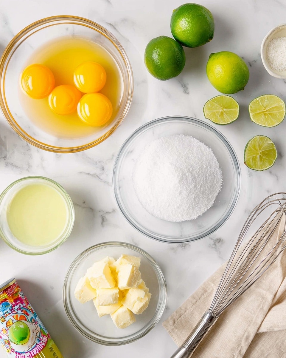 The image shows five clear glass bowls with different baking ingredients on a white marbled surface. The largest bowl in the center holds four bright yellow egg yolks with a smooth texture. To the right, a medium bowl contains fine white sugar with a soft sparkle. Below the yolks is a smaller bowl filled with pale yellow butter pieces, creamy and soft in texture. To the left is a bowl with light greenish-yellow lime juice, smooth and slightly cloudy. There is also a small bowl with a bit of white salt near the top right. Around the bowls, there are whole and halved bright green limes, some lime wedges, a can with colorful label, a metal whisk in the bottom left corner, and a soft beige cloth on the right side. The ingredients and objects are arranged neatly with a clean and fresh look. Photo taken with an iphone --ar 4:5 --v 7