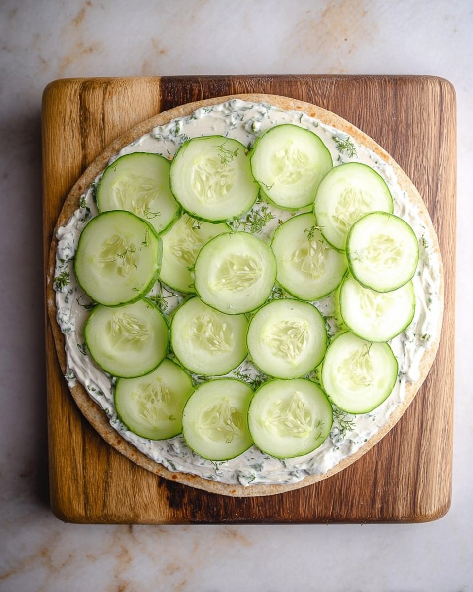 A round tortilla on a wooden board is spread with a creamy white layer that has green herb bits mixed in. On top, there is a single even layer of thin, light green cucumber slices covering the whole tortilla. The cucumber slices have a slightly translucent look with visible seeds inside. The wooden board has a natural brown color and grain texture. The background surface is a white marbled texture. photo taken with an iphone --ar 4:5 --v 7