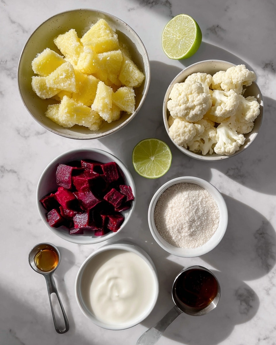 The image shows seven separate white bowls and a measuring spoon on a white marbled surface. The largest bowl at the top left is filled with frozen pineapple chunks that are yellow with a frosty texture. To the right of it is a smaller bowl containing frozen cauliflower florets, which are off-white and have a frosty texture. Below the cauliflower bowl is another small bowl holding diced beets, deep red and glossy in color. Below the pineapple bowl, there is a white bowl with smooth white coconut milk inside. To the lower right of the coconut milk bowl, there is a slightly larger bowl filled with a fine white powder labeled as collagen. Near the collagen bowl, a cut lime half with light green flesh is placed on the marbled surface. A metal measuring spoon with honey, a thick dark liquid, sits next to the beet bowl. The shadows cast suggest bright natural light. The text labeling each ingredient is displayed on or near the bowls. Photo taken with an iphone --ar 4:5 --v 7
