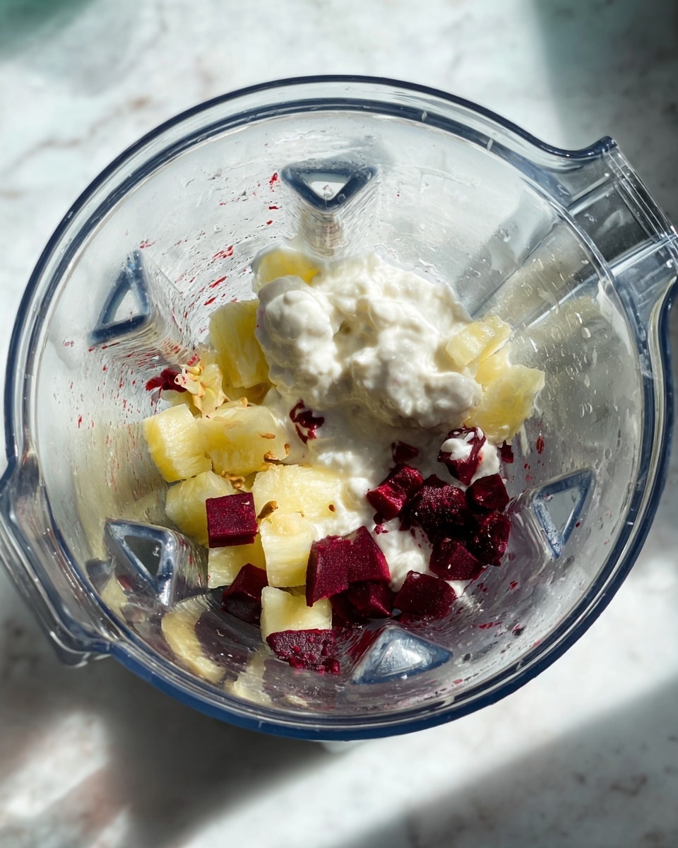 Inside a clear blender container, there are several layers of ingredients. The bottom layer shows small pieces of light yellow pineapple, followed by chopped deep red beetroot pieces scattered on top. The uppermost layer has white dollops of creamy yogurt or a similar thick liquid, slightly covering the other ingredients. The blender and the ingredients rest on a white marbled surface with soft light and shadows. Photo taken with an iphone --ar 4:5 --v 7