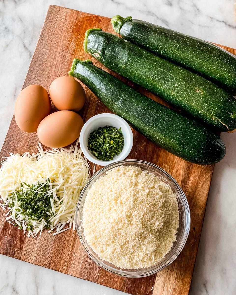 A wooden cutting board displays several fresh ingredients neatly arranged: three dark green zucchinis with a smooth, shiny texture, two brown eggs with a matte surface, a medium heap of shredded white cheese, a small white bowl filled with finely chopped green herbs, and a large clear glass bowl holding a pale beige grainy substance. The background shows a white marbled surface, adding a clean contrast to the earthy tones of the ingredients. photo taken with an iphone --ar 4:5 --v 7