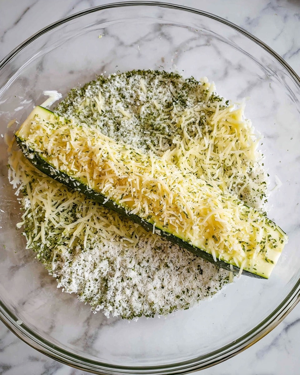 A clear round glass dish on a white marbled surface holds one long piece of pale green zucchini partially covered by a mix of shredded pale yellow cheese and small green herb flakes. The zucchini rests on a bed of finely grated white cheese mixed with green herbs that spread evenly across the bottom of the dish around the zucchini. Photo taken with an iphone --ar 4:5 --v 7